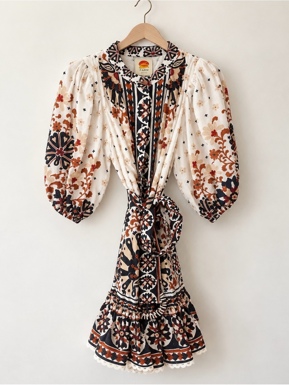 FARM Rio flower fan tapestry off-white mini dress